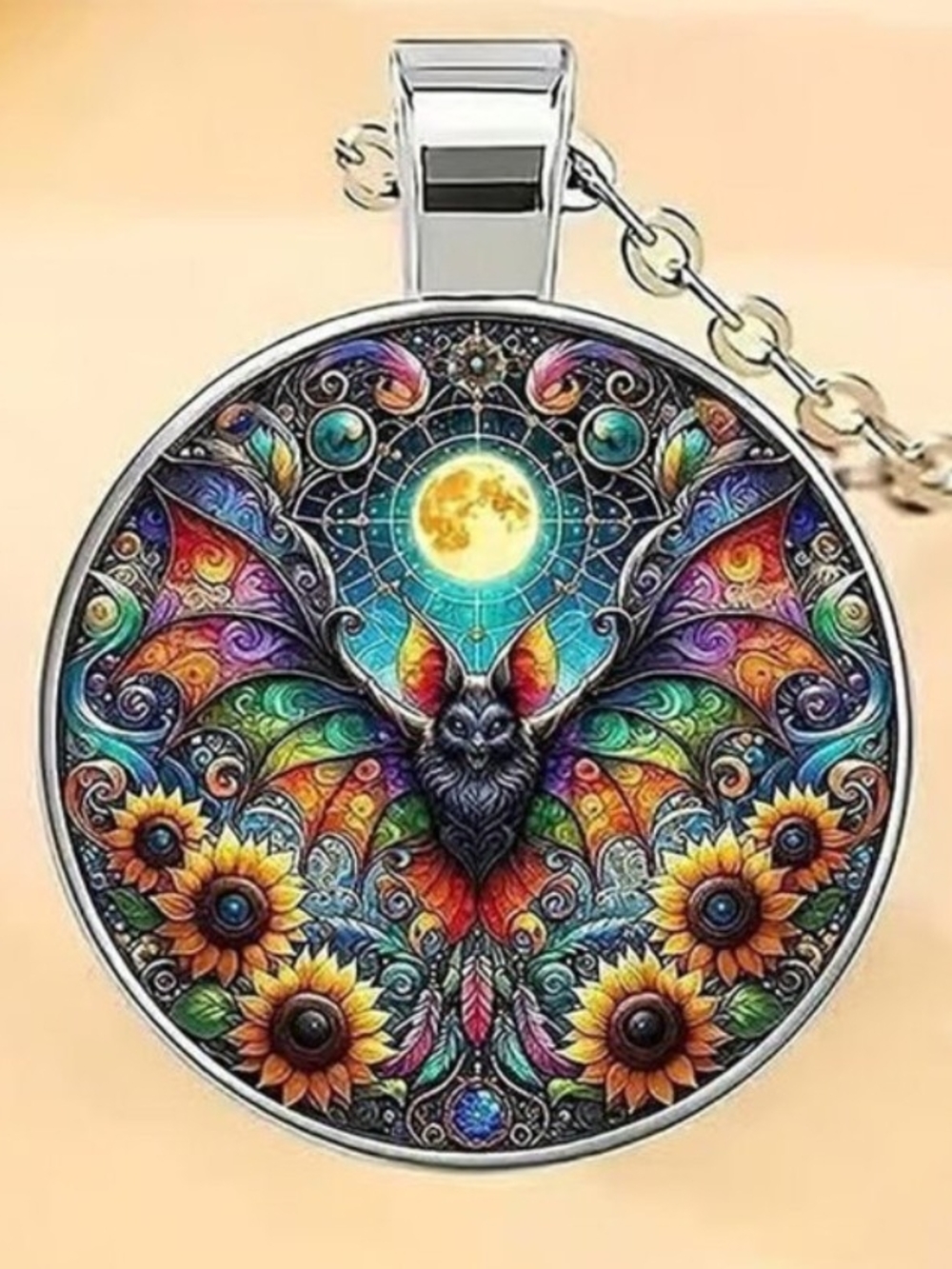 Colorful Bat & Sunflower Round Pendant Necklace - Vibrant Multicolor